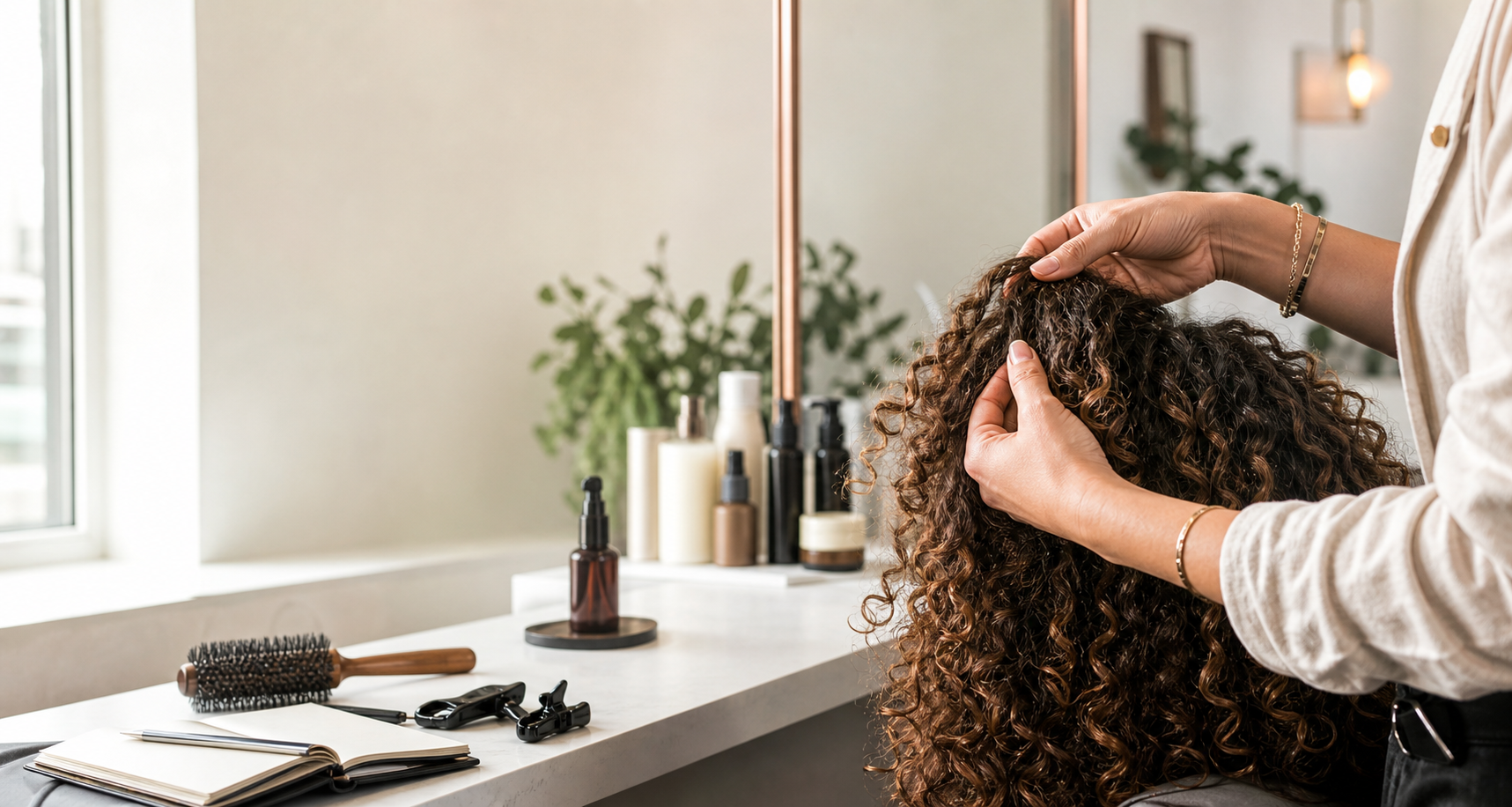 Professional stylist assessing textured hair in a bright salon